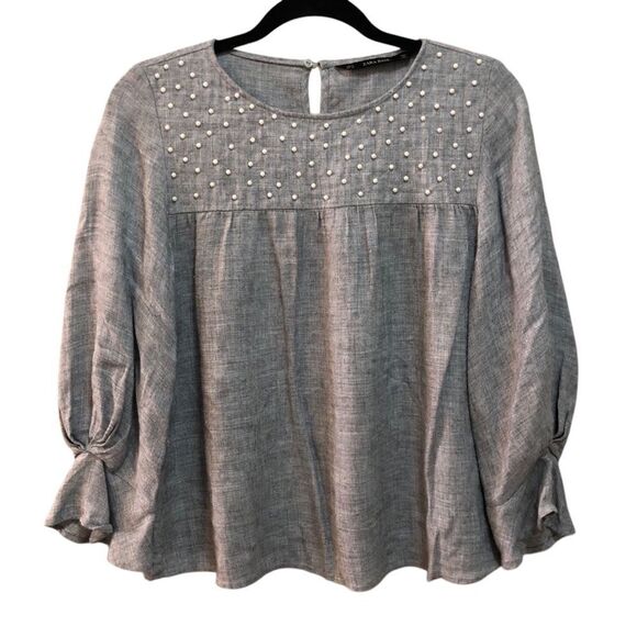2/$30 Zara Basics women’s top Sz M gray embellished neckline long sleeve tie - Picture 1 of 9